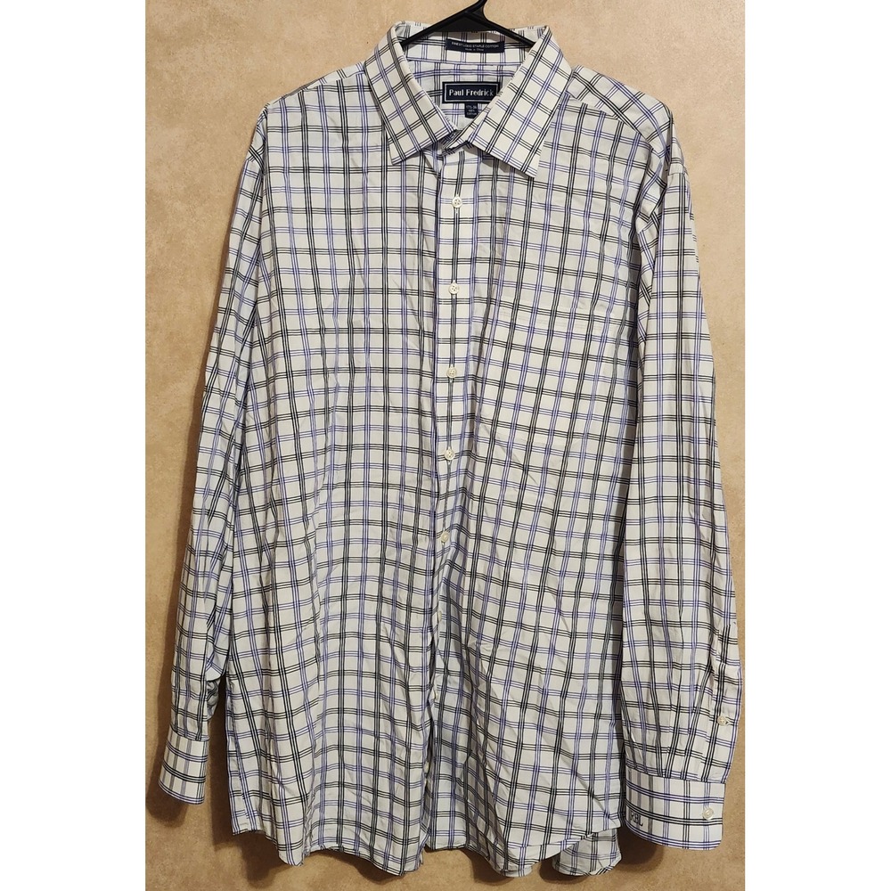 Paul Fredrick Mens Plaid Dress Shirt 17.5 36 Purple Black Long Staple Cotton